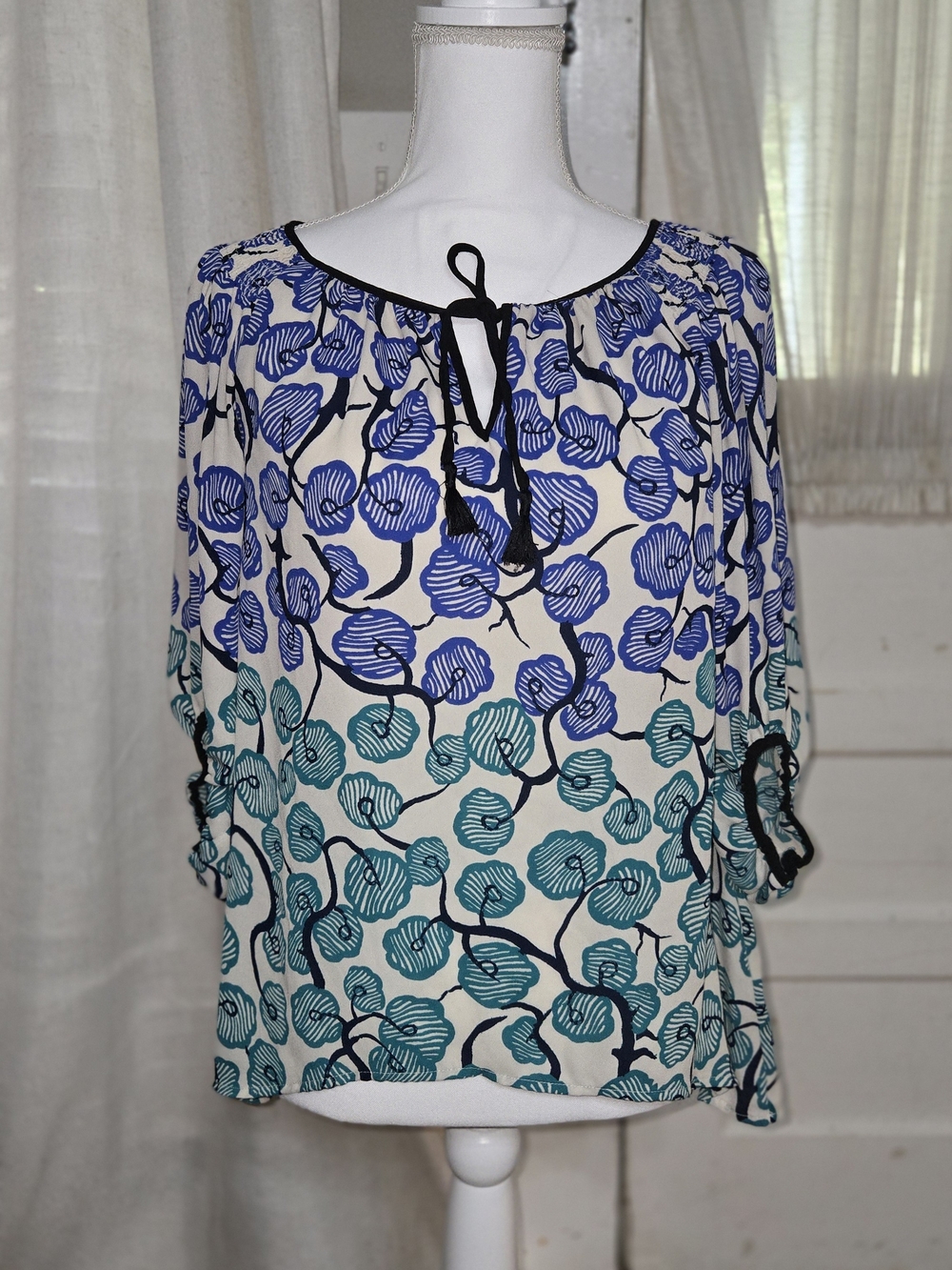 Anthropologie Blue & Teal Floral Tie-Neck Peasant Blouse